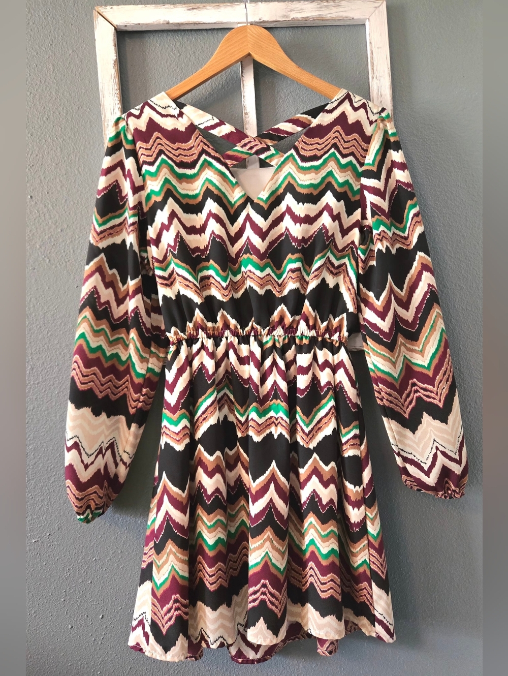 Takara Chevron Zig-Zag Blouson Mini Dress | Size M | Boho Earth Tones - Picture 3 of 7